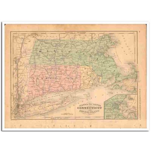 massachusetts connecticut rhode island 1882 antique hand colored map