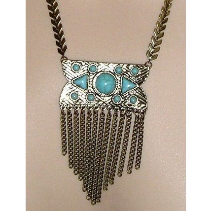 Cruise Club - Aqua & Brass Necklace with Linked Chain Fringe - NEW