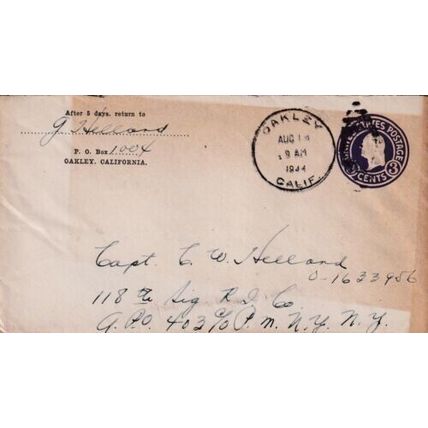 United States 1944 Oakley CAL-New York NY Cover Oakley cancel written VGC