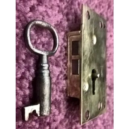 Antique Georgian Cupboard Cabinet Lock Brass Steel 1 Has 1 Key LEFT HANDED L0CK