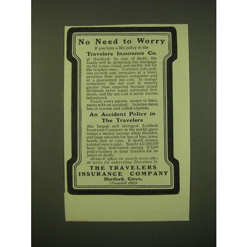 1902 The Travelers Insurance Company Ad - No need to worry