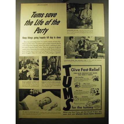 1950 Tums Medicine Ad - Tums save the life of the party