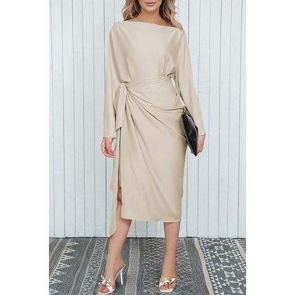 Apricot Satin Wrap Tie Side Boat Neck Long Sleeve Dress