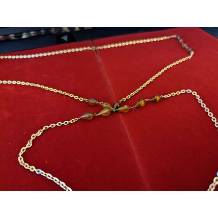 Vintage Gold-Tone Chain Necklace with Amber Beads and Y-Style Design, 32 Inches