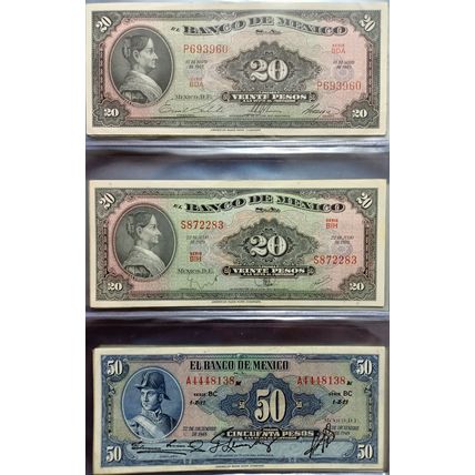 Mexico American Banknote Company Antique Set of 70 different Banknotes 1948-1978