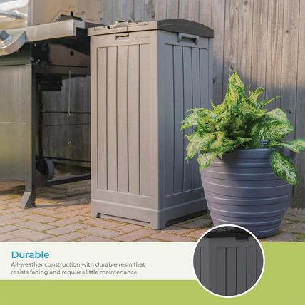 Suncast Trash Hideaway 39 Gallon Outdoor Trash Can Patio or Deck Waste Bin with
