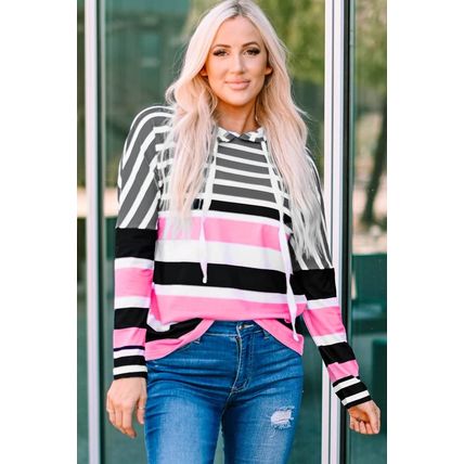 Rose Multi Striped Drawstring Long Sleeve Hoodie