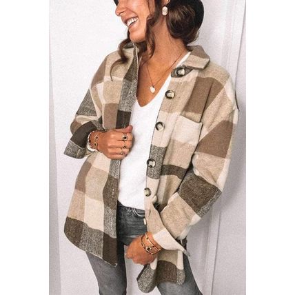 Khaki Plaid Color Block Buttoned Long Sleeve Jacket with Pocket