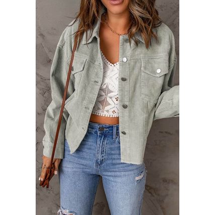 Sky Blue Raw Hem Flap Pockets Cropped Corduroy Jacket