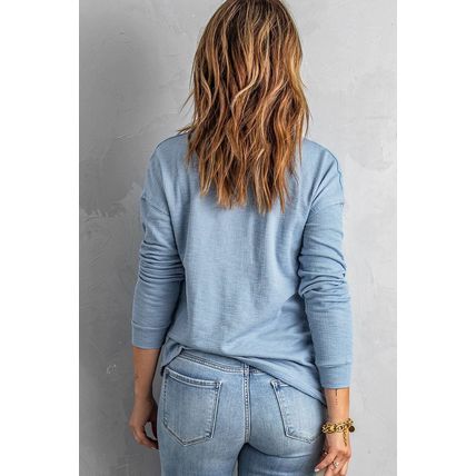 Sky Blue Button Front Turn-down Neck Knit Top
