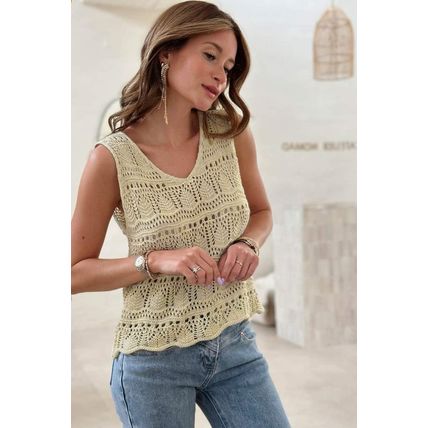 Apricot V Neck Textured Hollow-out Sweater Vest