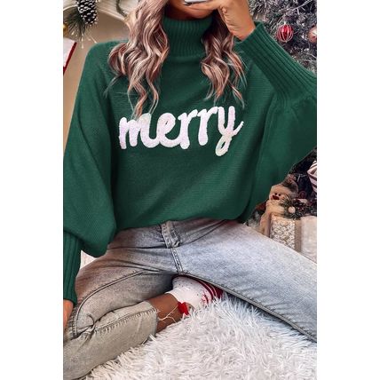 Blackish Green Merry Letter Embroidered High Neck Sweater