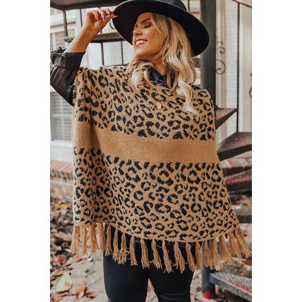 Leopard Plus Size Tasseled Hem Draped Poncho