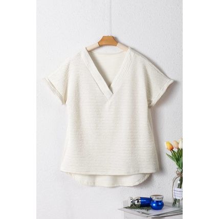 Pale Khaki Textured Wide Sleeve V Neck T Shirt