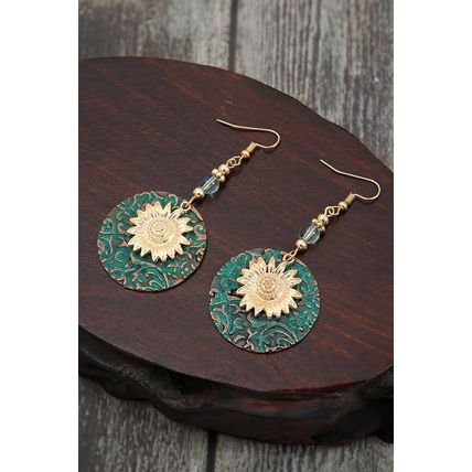 Real Teal Retro Sunflower Disc Alloy Dangle Earrings