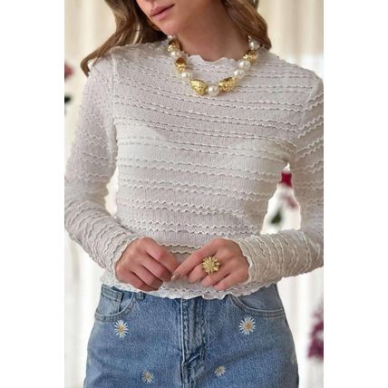 White Knit Jacquard Slim Fit Top
