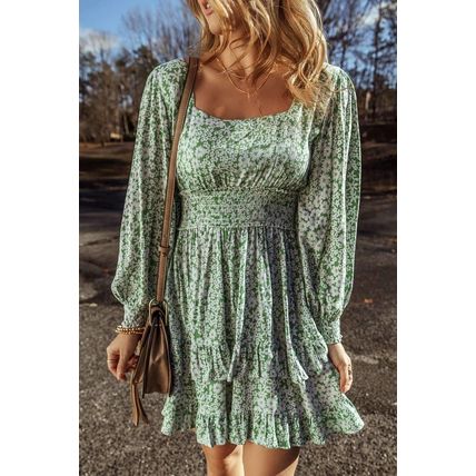 Green Floral Print Square Neck Shirred Waist Tiered Ruffled Mini Dress