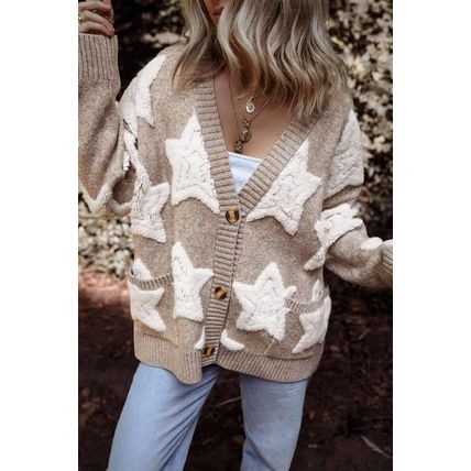 Khaki Sherpa Star Pattern Textured Sweater Cardigan with Pockets