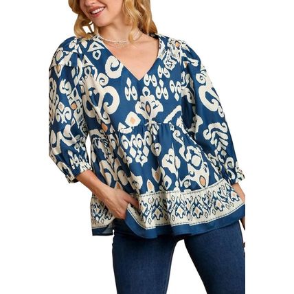 Blue Tribal Geometric Print 3/4 Sleeve Flowy Fit Blouse