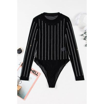 Black Rhinestone Decor Striped Mesh Long Sleeve Bodysuit