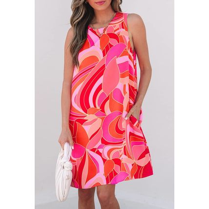 Rose Abstract Floral Print Sleeveless Shift Mini Dress