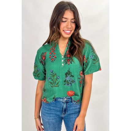 Bright Green Floral Print Buttoned V Neck Short Sleeve Blouse