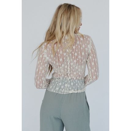 White Sheer Floral Lace Long Sleeve Slim Fit Top