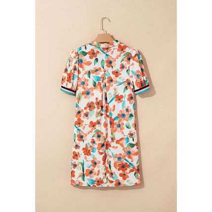 Orange Contrast Trim Floral Split Neck Puff Short Sleeve Tiered Mini Dress