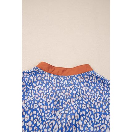 Ashleigh Blue Leopard Print Spot Contrast V Neck Half Puff Sleeve Shirt