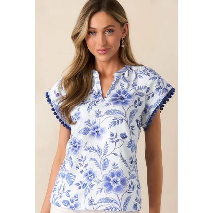 Blue Elegant Floral Print Ricrac Trim Short Sleeve Blouse