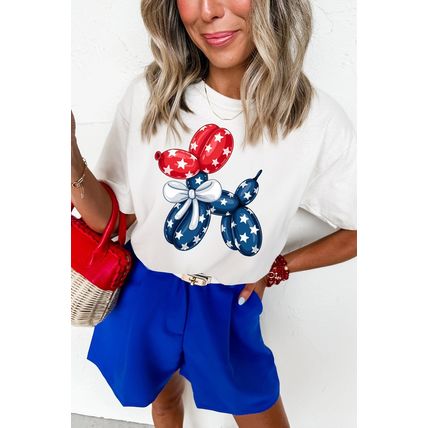 White American Flag Inspired Balloon Dog Graphic Cotton Blend T Shirt