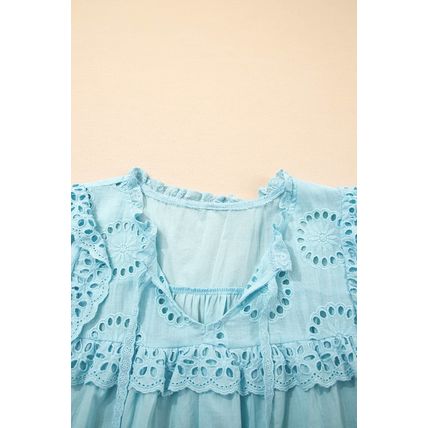 Mist Blue Embroidered Lace Patchwork Tie Neck Puff Short Sleeve Blouse