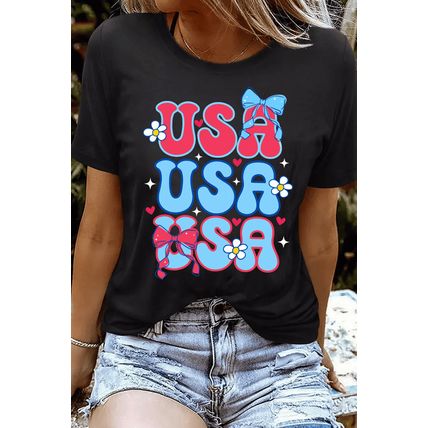 Black July 4th Cute Flower Bow USA Letter Graphic Tee
