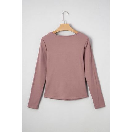 Old Rose Gathered Bust Square Neck Ribbed Fit Long Sleeve Top