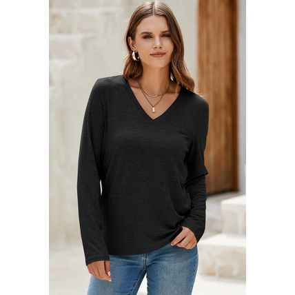 Black Solid Color V Neck Long Sleeve Stretchy Top
