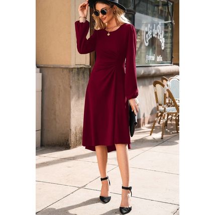 Burgundy Solid Color Ruched Detail Long Sleeve Midi Dress