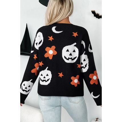 Black Halloween Mythical Night Pattern Drop Shoulder Sweater