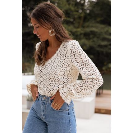 Beige Flower Lace V Neck Ruffled Sleeve Top