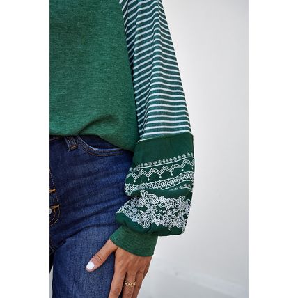 Blackish Green Contrast Print Striped Raglan Long Sleeve Loose Top
