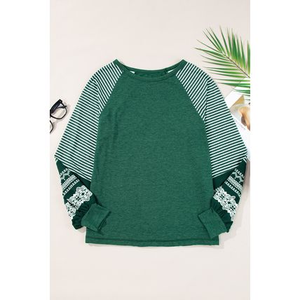 Blackish Green Contrast Print Striped Raglan Long Sleeve Loose Top