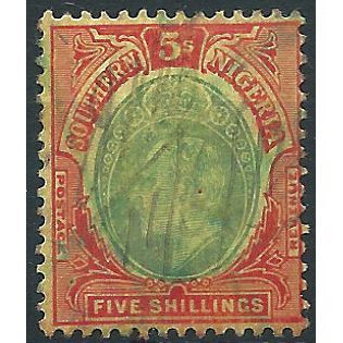 Southern Nigeria 1909 SG42 5/- Green & Red/Yellow Light Fiscal Cancel ....