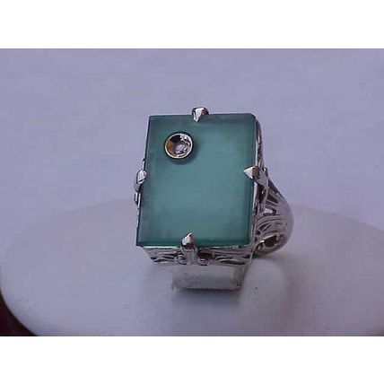 Antique Art Deco Chrysoprase 14k White Gold Diamond Filigree Ring, Circa 1950s