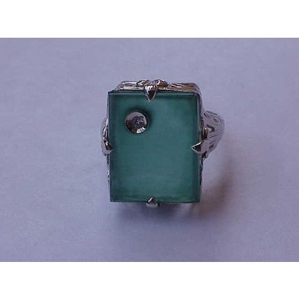 Antique Art Deco Chrysoprase 14k White Gold Diamond Filigree Ring, Circa 1950s