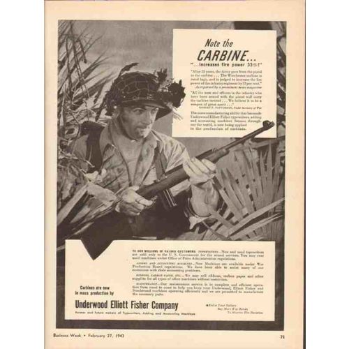 UNDERWOOD ELLIOTT FISHER CO 1943 Carbine increase firepower vintage ad