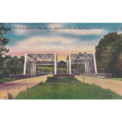 Route 66 over Bourbeuse River - Linen Era Postcard & Stamp - Missouri Ozarks