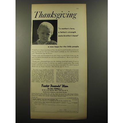 1954 Foster Parents' Plan for War Children Ad - Thanksgiving a mother's love