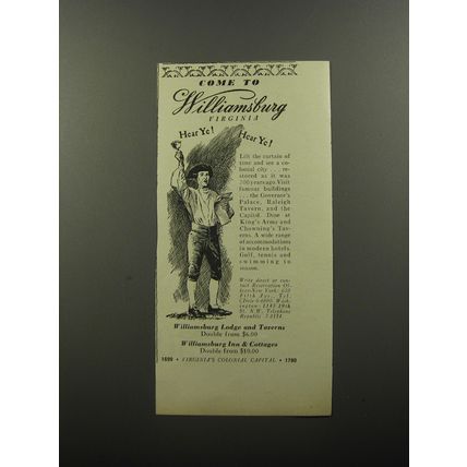 1956 Williamsburg Virginia Ad - Come to Williamsburg Virginia hear ye! hear ye!