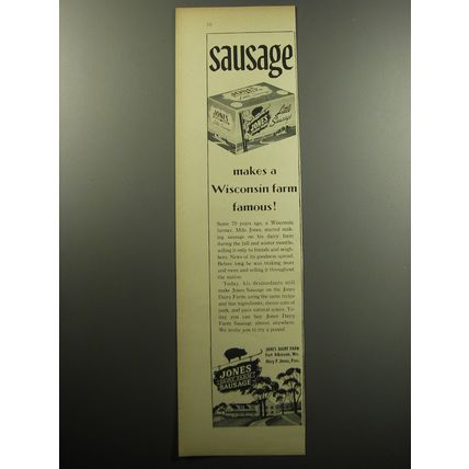 1957 Jones Dairy Farm Sausage Ad - Sausage makes a Wisconsin Farm Famous