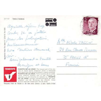 Tenerife Puerto de la Cruz Spain Postcard posted creased