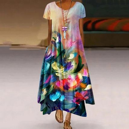 dress with pockets oversized dress Foreign trade printed round neck